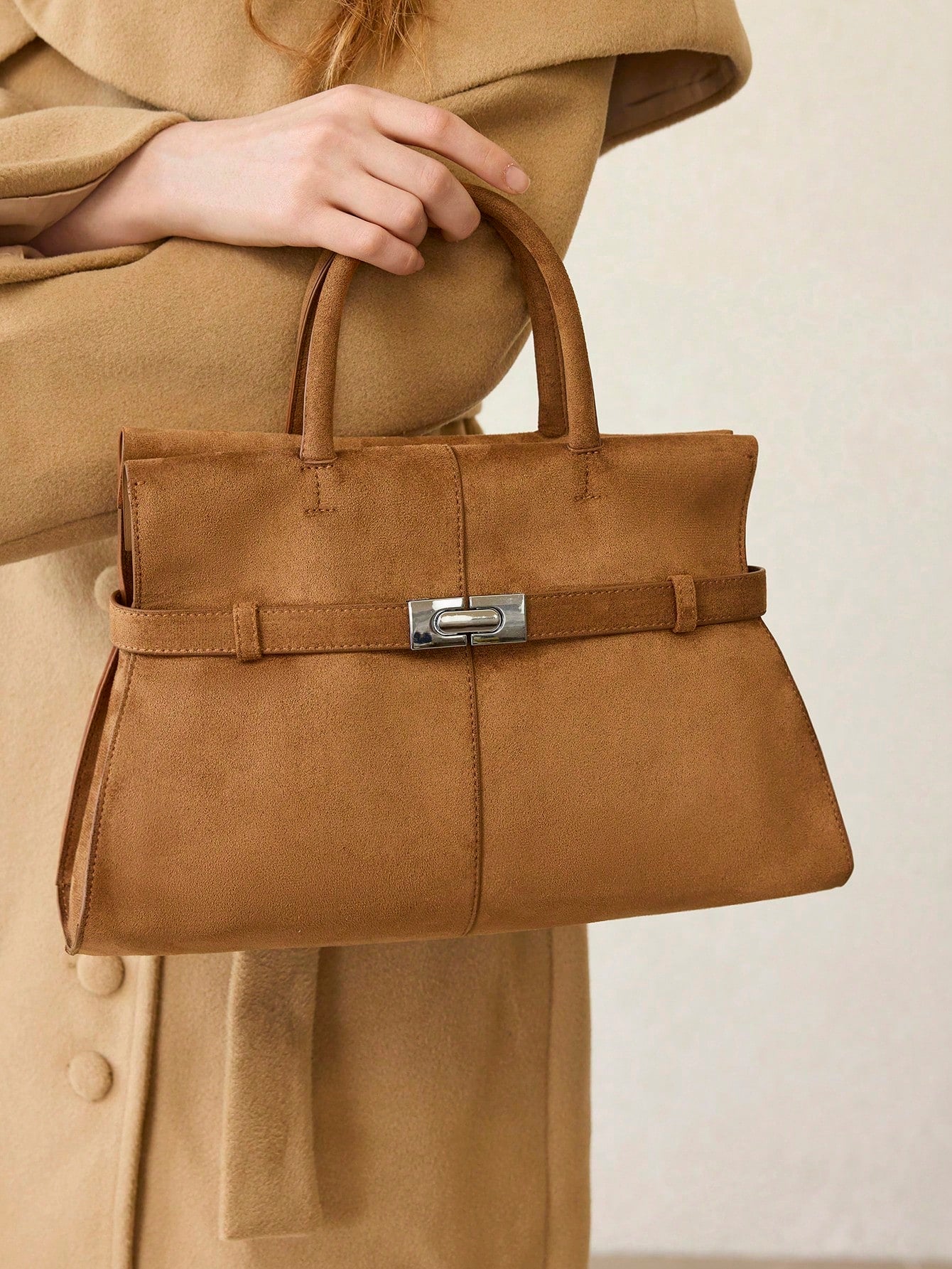 Camel Suede Belted Tote