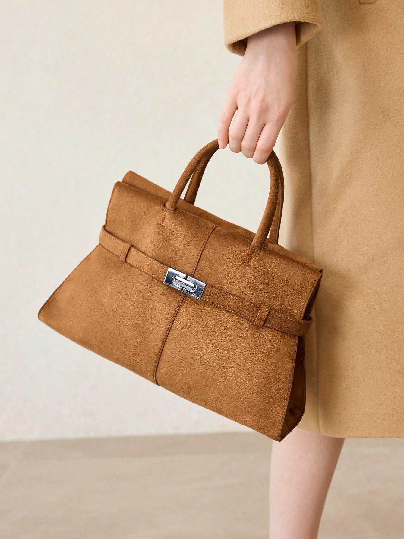 Camel Suede Belted Tote