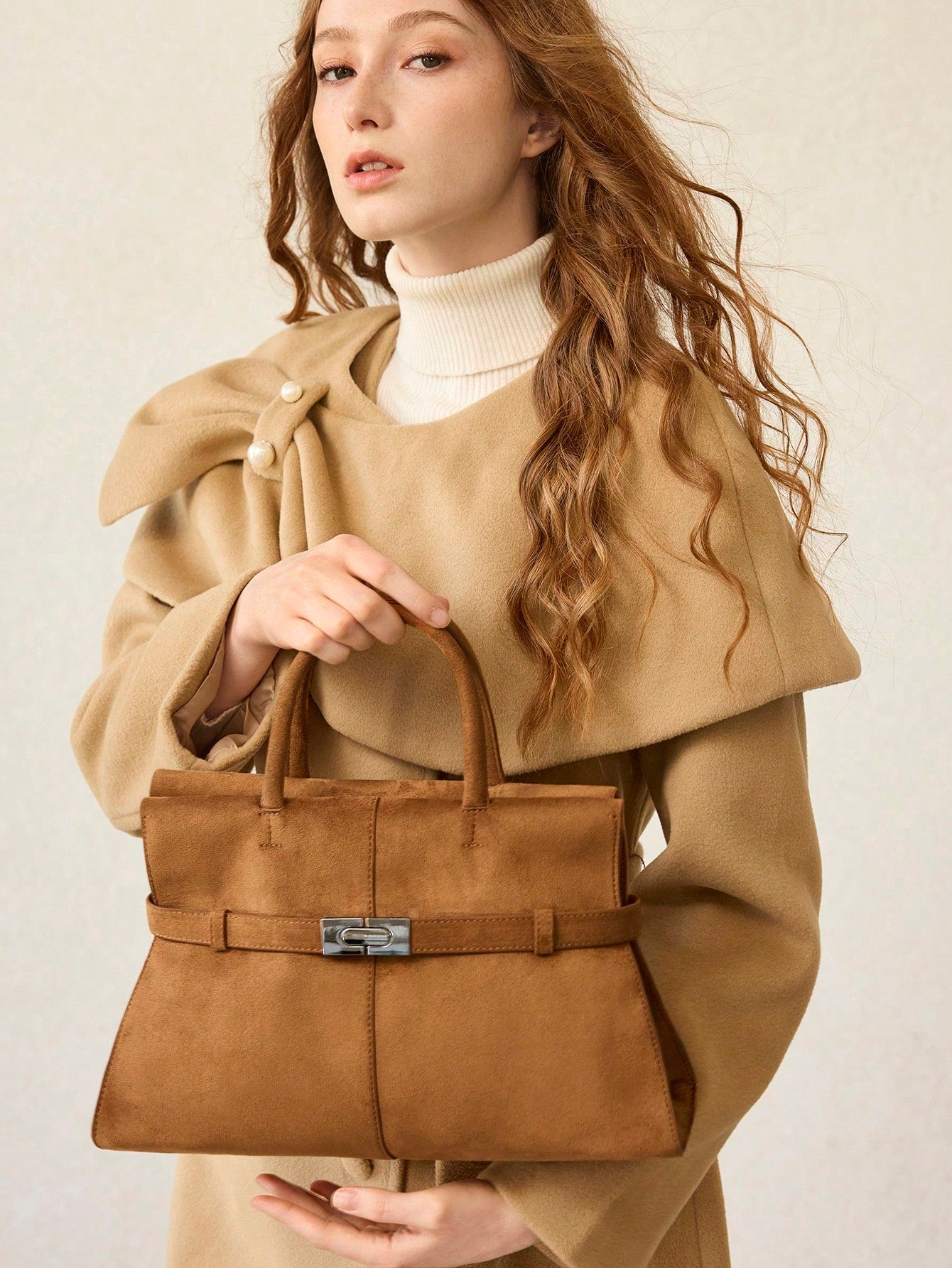 Camel Suede Belted Tote