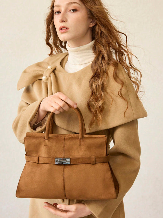 Camel Suede Belted Tote
