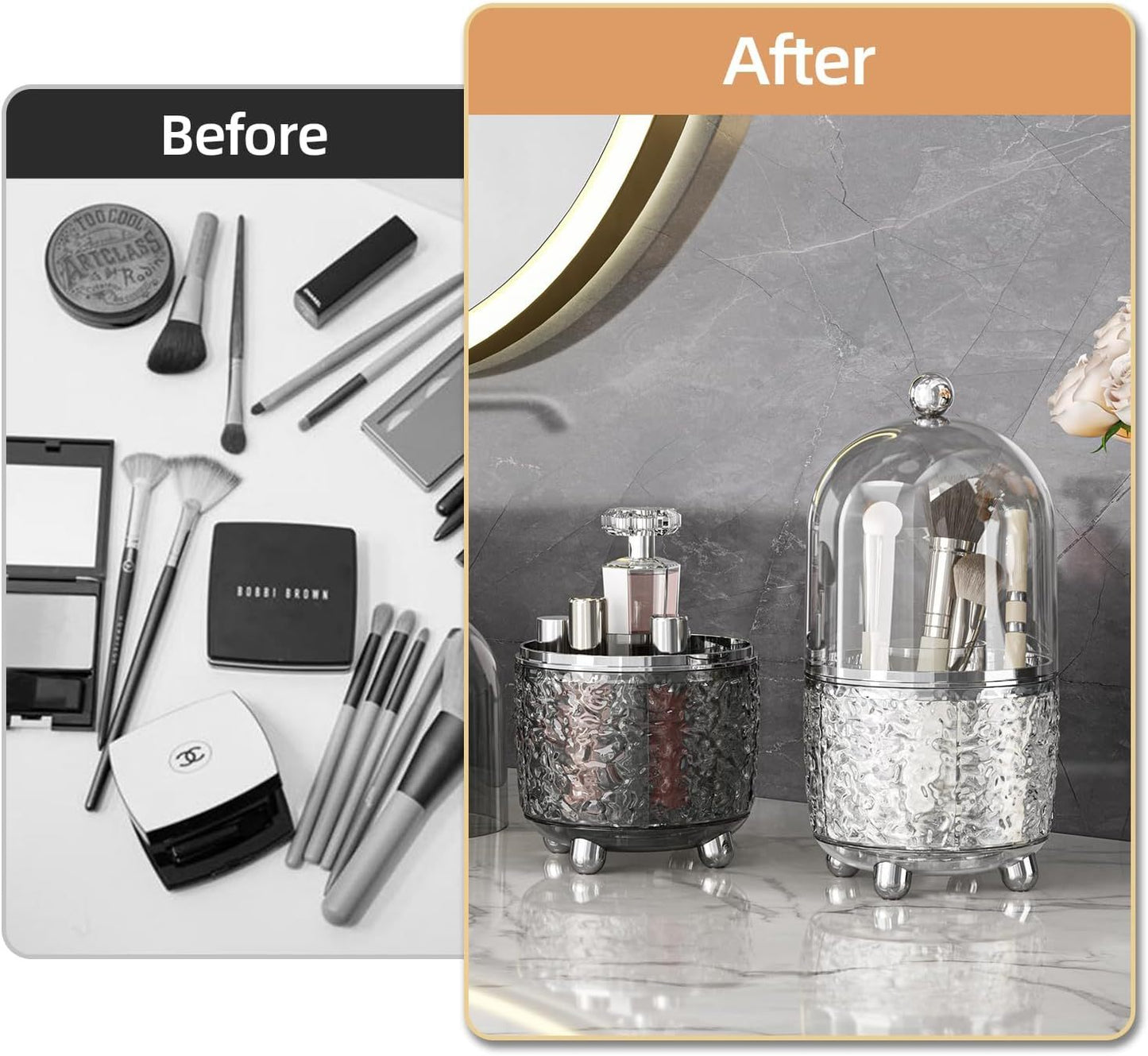 Premium Vanity Makeup Brush Organizer with Protective Dome Cover