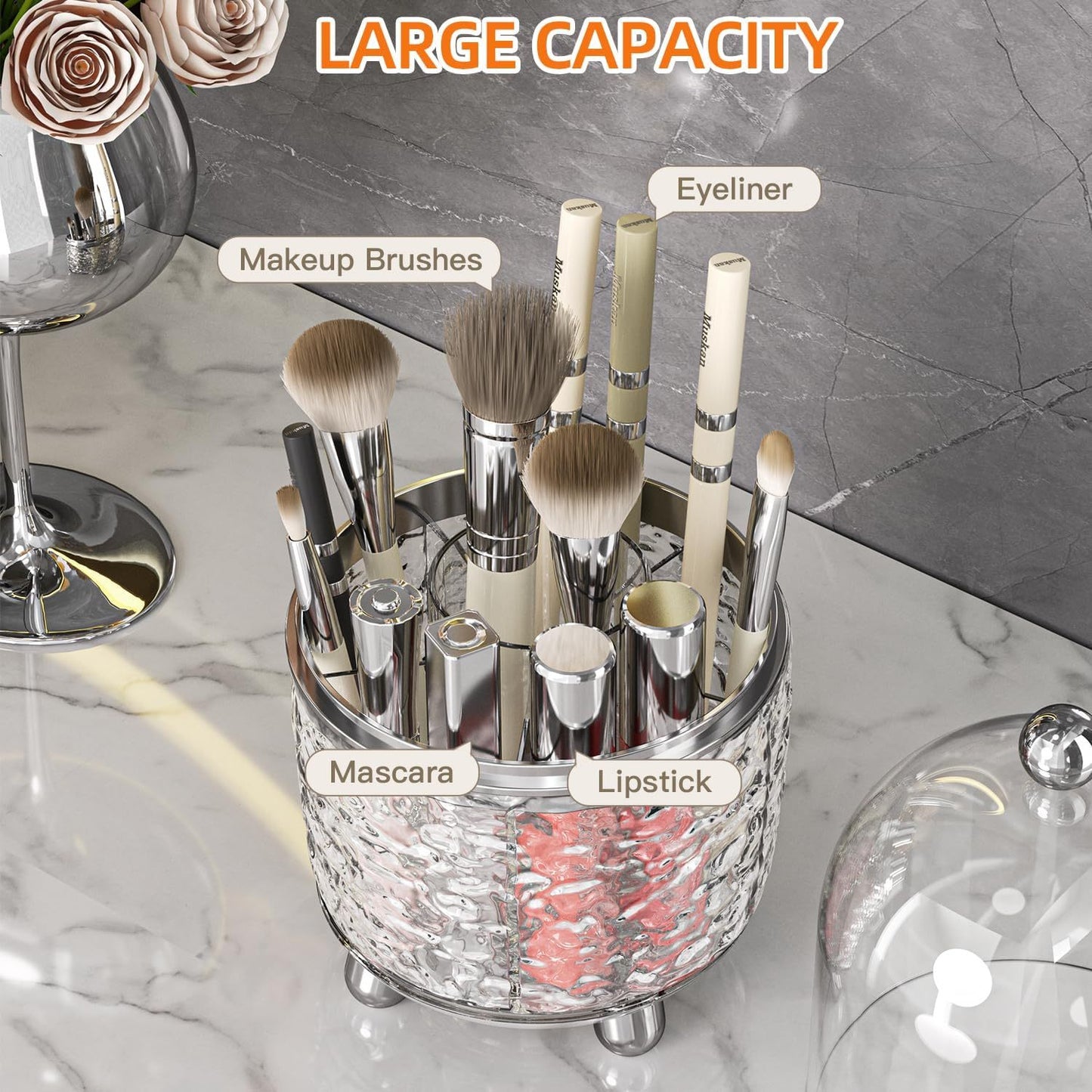 Premium Vanity Makeup Brush Organizer with Protective Dome Cover
