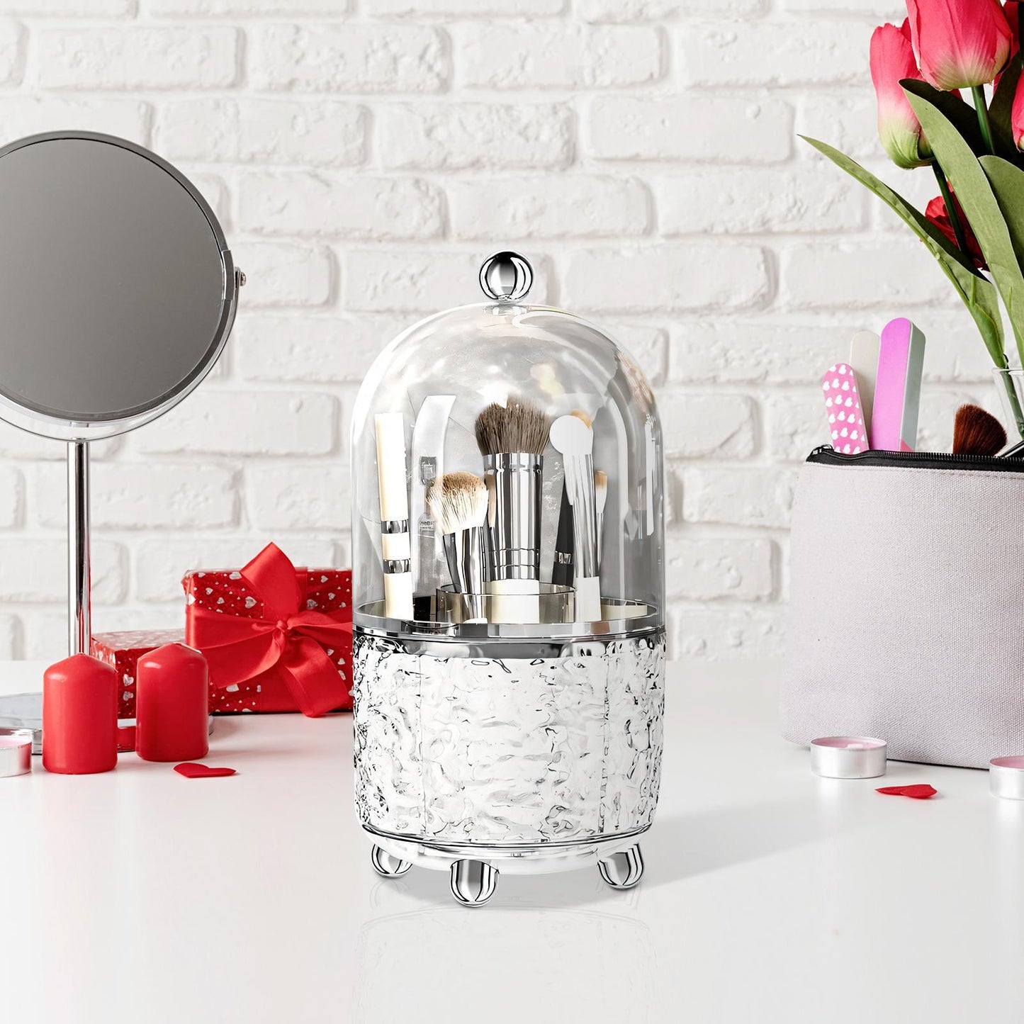 Premium Vanity Makeup Brush Organizer with Protective Dome Cover
