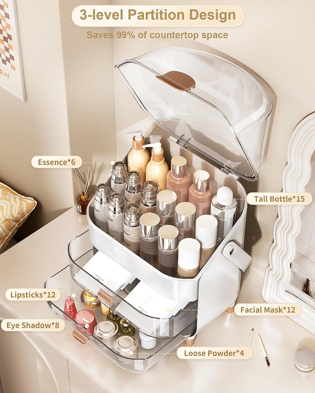 Extra Large Vanity Makeup Organizer With Clear Dust-Proof Cover