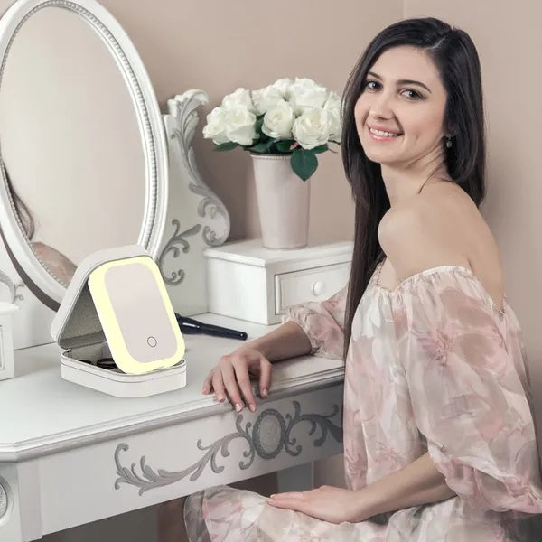 Portable Travel Makeup Bag With LED Mirror Rechargeable Beauty Mirror With 3 Color