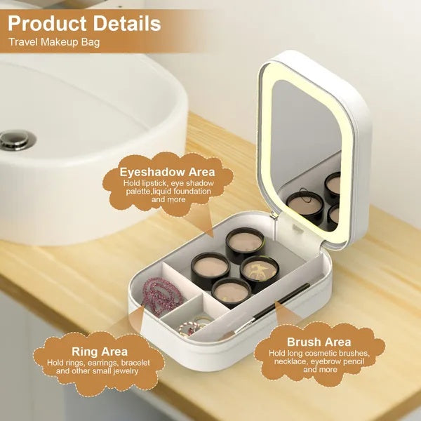 Portable Travel Makeup Bag With LED Mirror Rechargeable Beauty Mirror With 3 Color