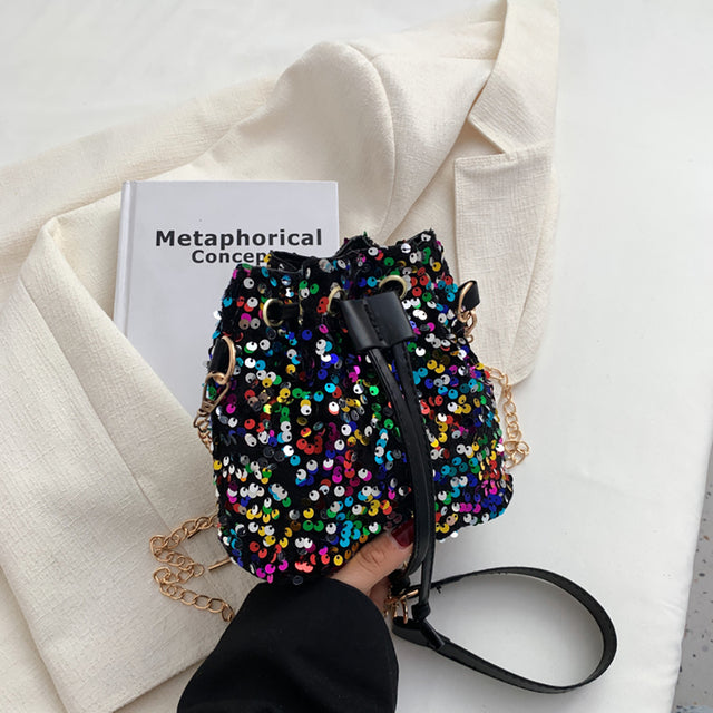 Sequins Solid Color Drawstring Messenger Bag