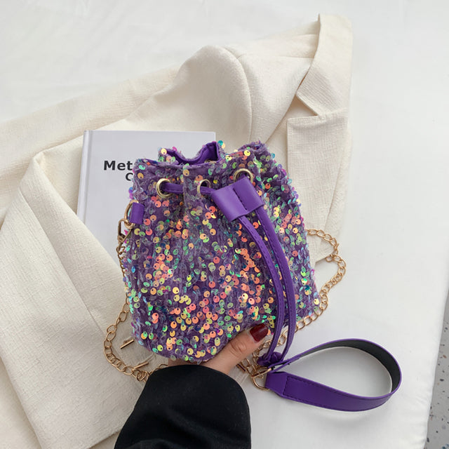 Sequins Solid Color Drawstring Messenger Bag