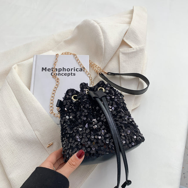 Sequins Solid Color Drawstring Messenger Bag