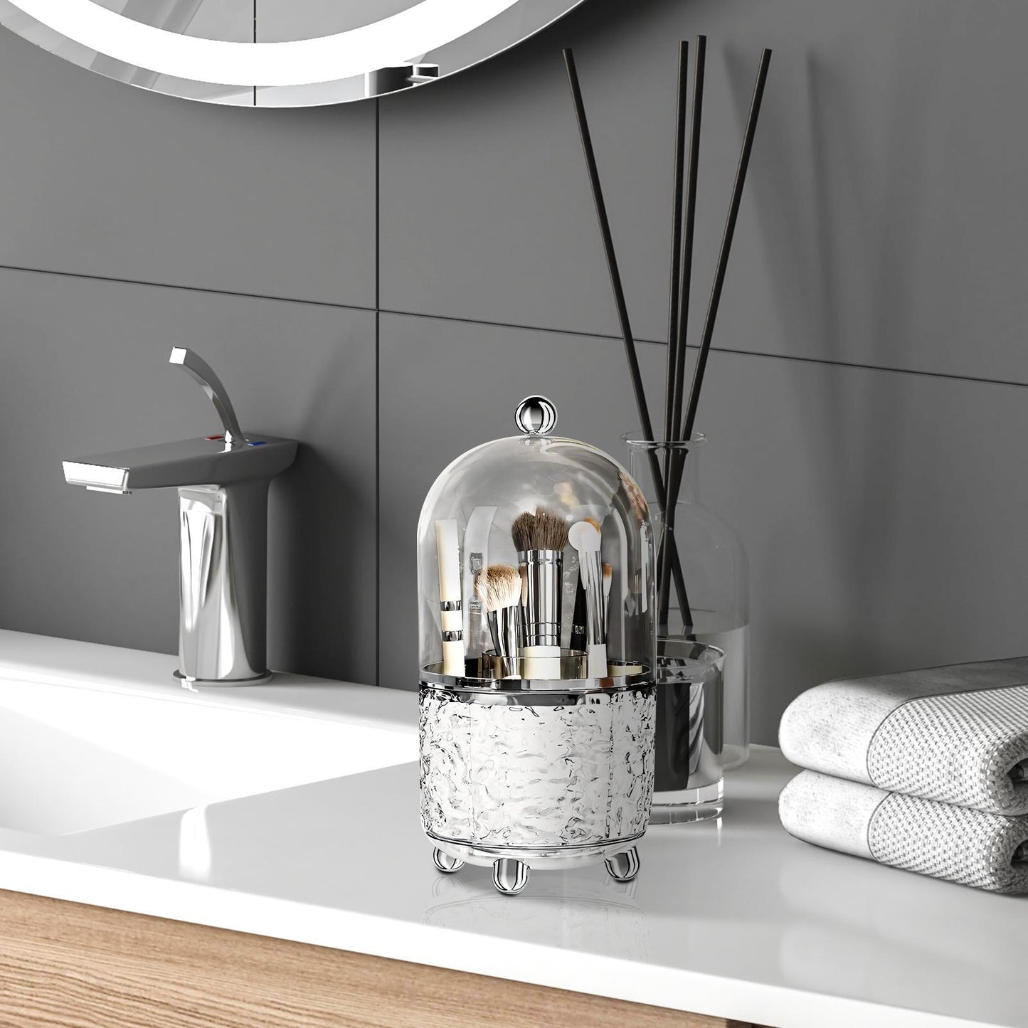 Premium Vanity Makeup Brush Organizer with Protective Dome Cover
